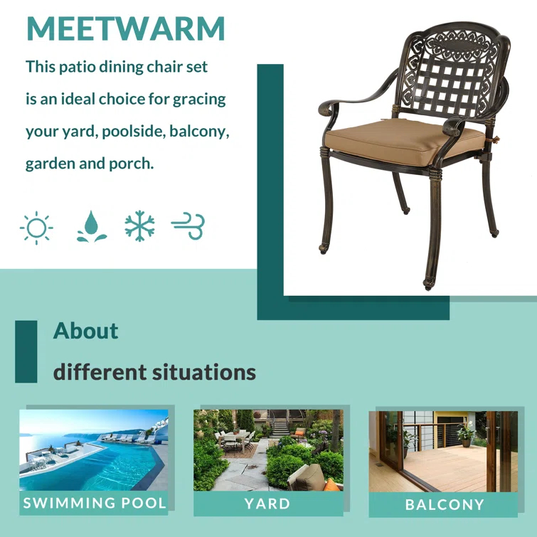 MEETWARM 2 Piece Patio Dining Chairs with Cushions, Outdoor All-Weather Cast Aluminum Chairs, Patio Bistro Dining Chair Set