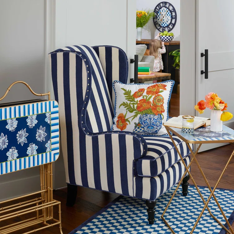 Marquee Navy/White Stripe Chenille Wing Chair
