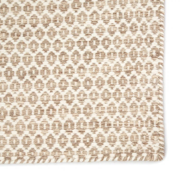 Midford Geometric Hand-Woven Flatweave Wool Beige Area Rug