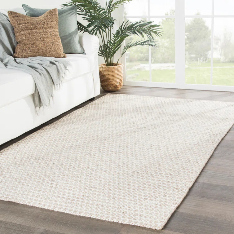 Midford Geometric Hand-Woven Flatweave Wool Beige Area Rug