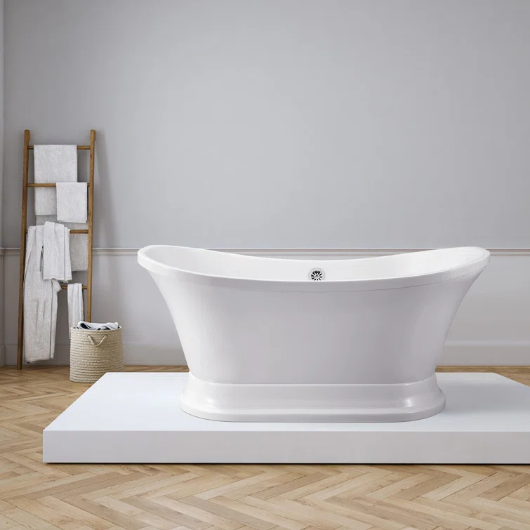 68" Streamline Freestanding Soaking Acrylic Bathtub With Drain and Bamboo Tray