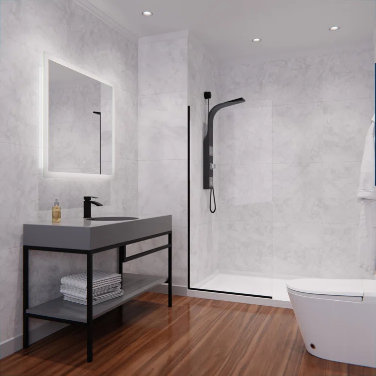 Veil Series 34” W x 74” H Frameless Glass Fixed Shower Screen Shower Door