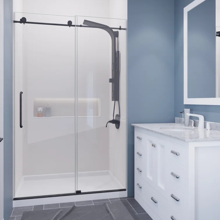 Madam Series 48 In. By 76 In. Frameless Sliding Shower Door In Gunmetal With Clear Tempered Glass And Tsunami Guard