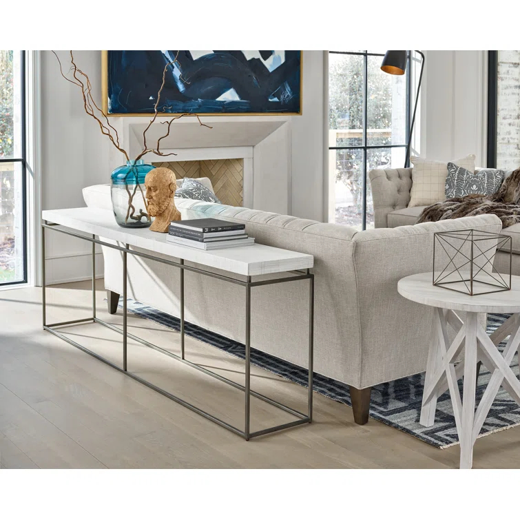 White Rectangular Metal and Wood Console Table with Storage