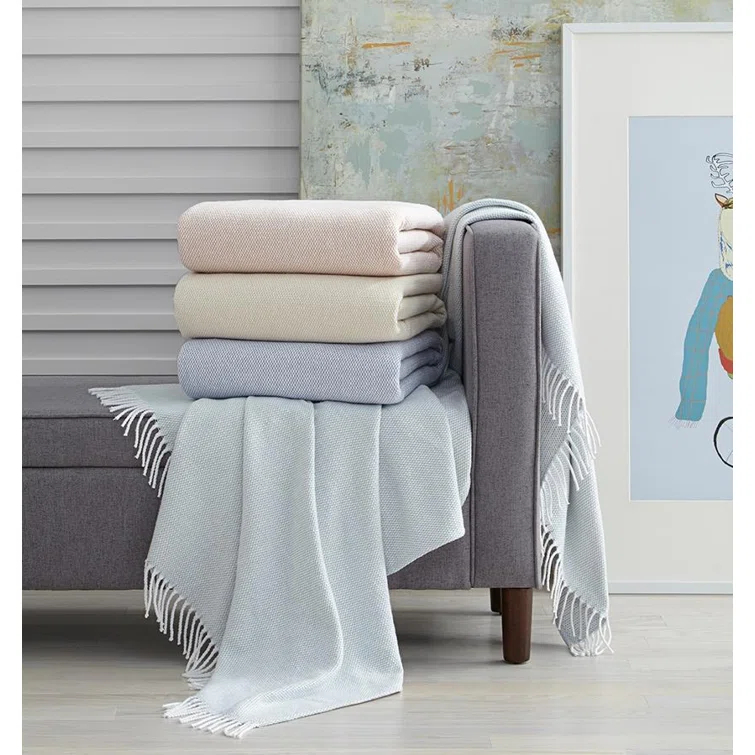Seagreen Cotton Basket Weave Throw Blanket with Fringes