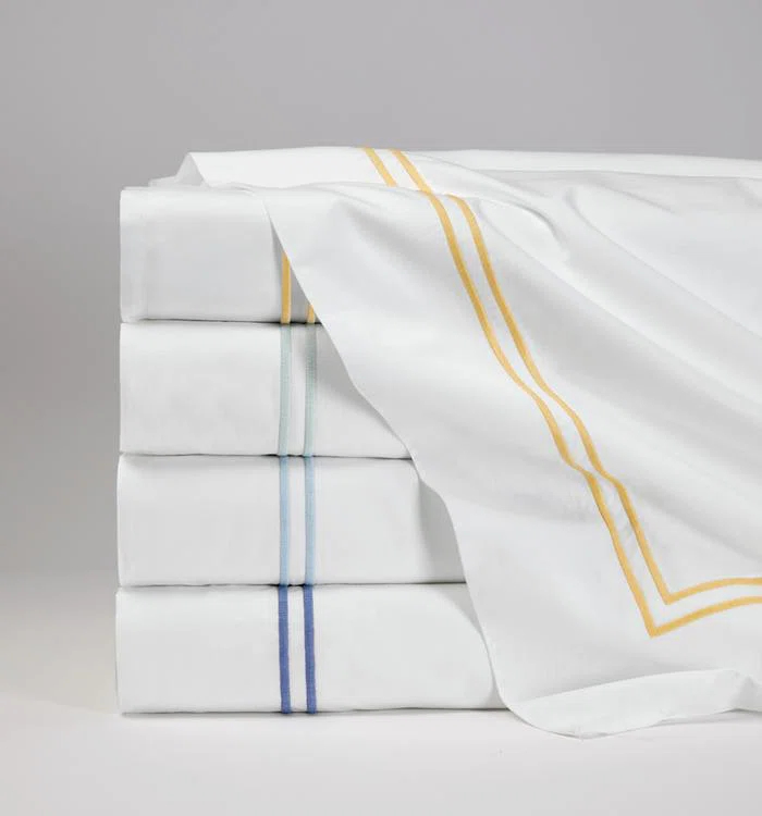 Twin White and Cornflower Blue Egyptian Cotton Embroidered Flat Sheet