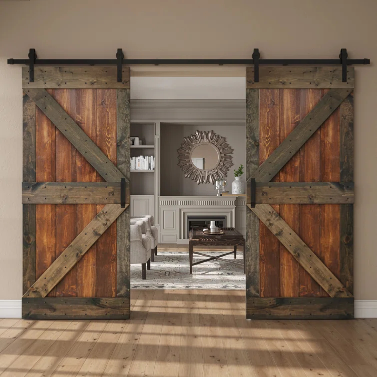 Paneled Wood K Series Double Barn Door with Installation Hardware Kit