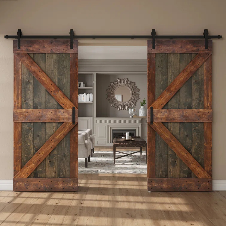 Paneled Wood K Series Double Barn Door with Installation Hardware Kit
