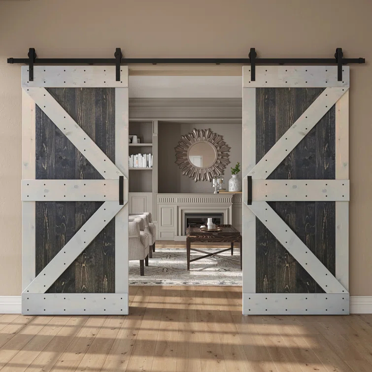 Paneled Wood K Series Double Barn Door with Installation Hardware Kit