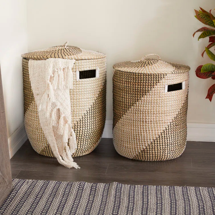 Seagrass Handmade Two Toned Decorative and Functional Storage Basket with Matching Lids