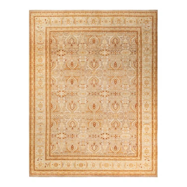 Classic Beige Floral Hand-Knotted Wool 9'2" x 12'3" Area Rug