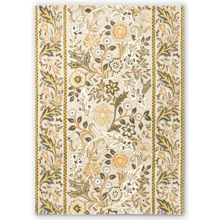 Beige and Mustard Hand-Tufted Wool Floral Rectangular Rug