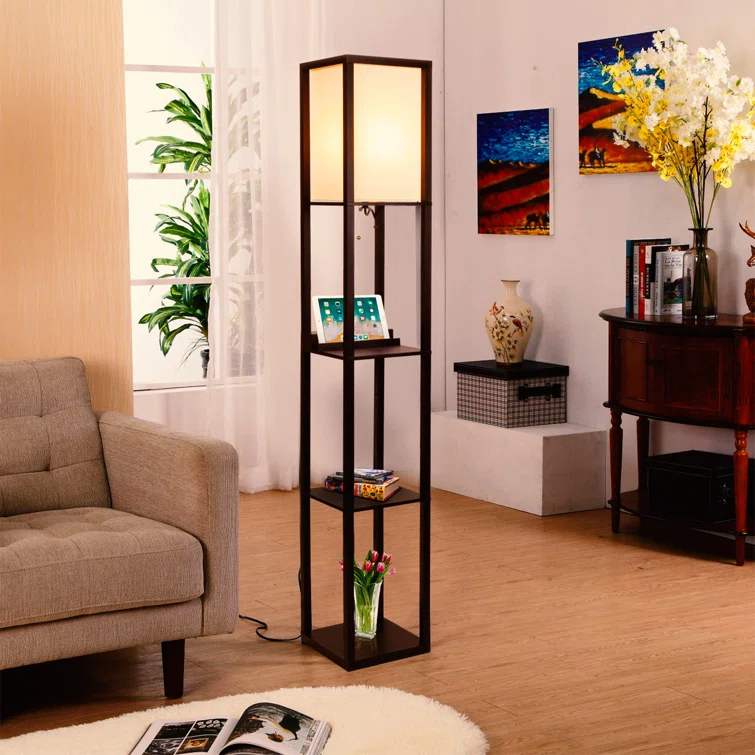 Brightech Maxwell 63 in. 3-Shelf Modern USB and Wireless Charging LED Floor Lamp with Fabric Square Shade