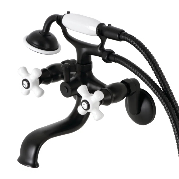 Kingston Brass Kingston Three-Handle 2-Hole Wall Mount Clawfoot Tub Faucet with Hand Shower