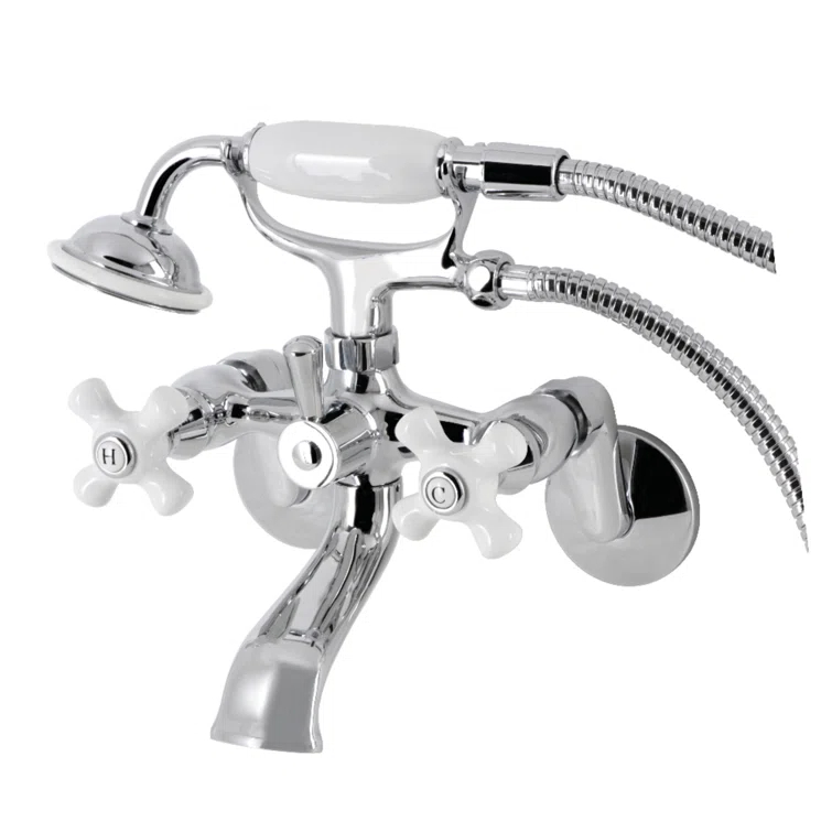 Kingston Brass KS266PXC Kingston Brass Kingston Three-Handle 2-Hole Wall Mount Clawfoot Tub Faucet with Hand Shower