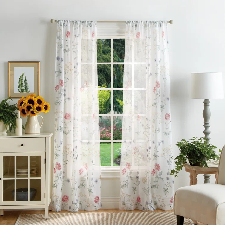 Martha Stewart Marthas Garden Floral Semi-Sheer Rod Pocket Curtain Panel Pair (Set of 2) (Set of 2)