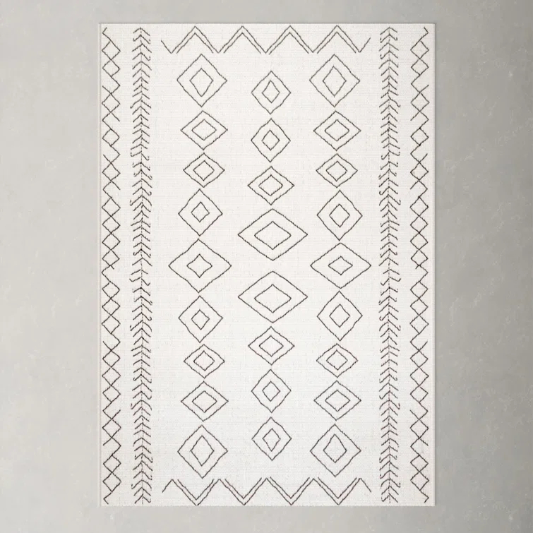 Ezri Diamond Indoor/Outdoor Area Rug for Living Room Patio Deck Front Porch Kitchen, Ivory/Dark Grey