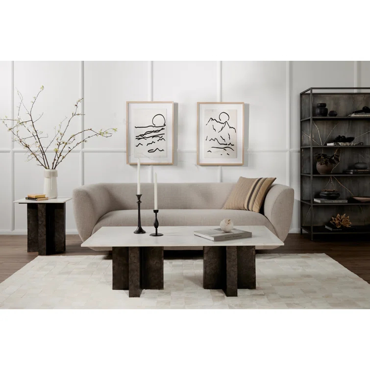 Contemporary Marlow Square End Table in Polished White Marble and Raw Black
