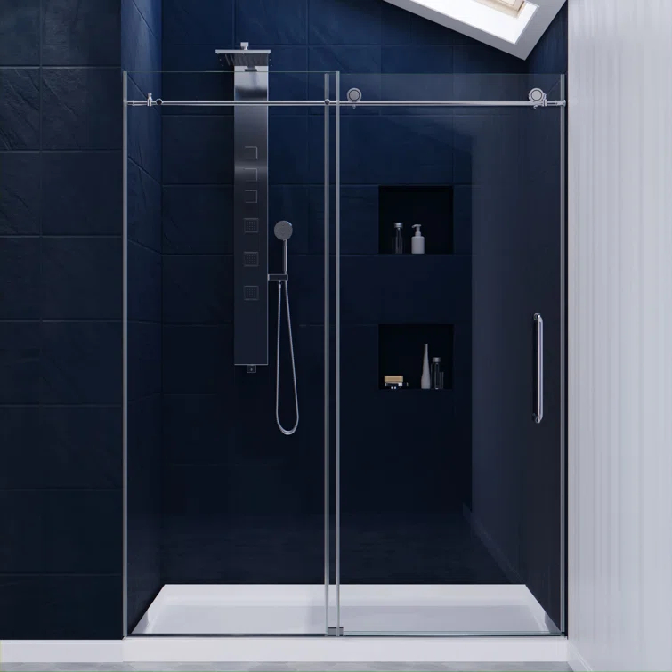 Leon 56"-60" W x 76" H Single Sliding Frameless Shower Door with Tsunami Guard