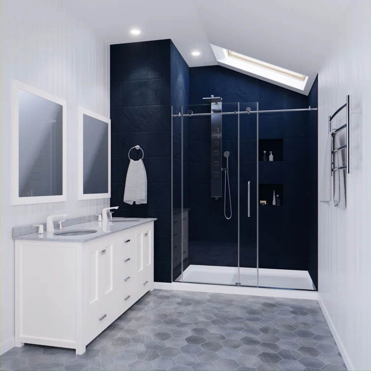 Leon 56"-60" W x 76" H Single Sliding Frameless Shower Door with Tsunami Guard