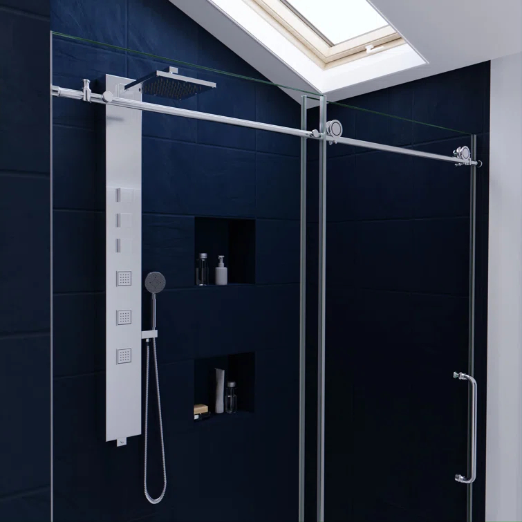 Leon 56"-60" W x 76" H Single Sliding Frameless Shower Door with Tsunami Guard