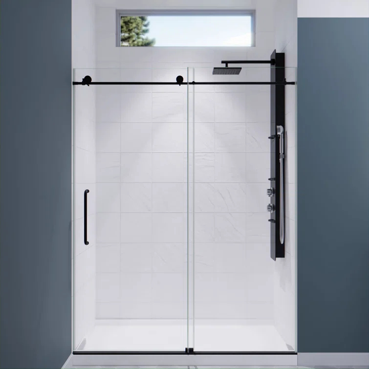 Leon 56"-60" W x 76" H Single Sliding Frameless Shower Door with Tsunami Guard