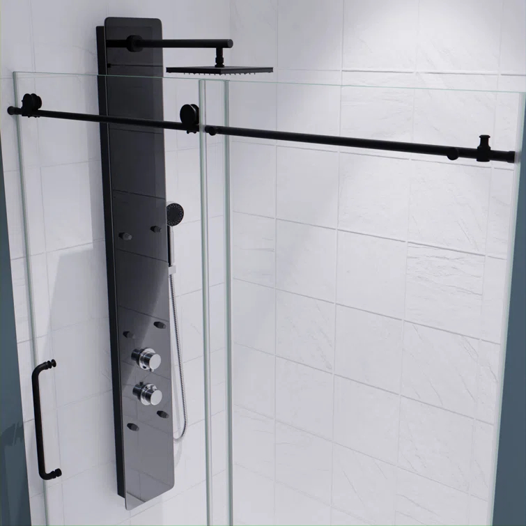 Leon 56"-60" W x 76" H Single Sliding Frameless Shower Door with Tsunami Guard