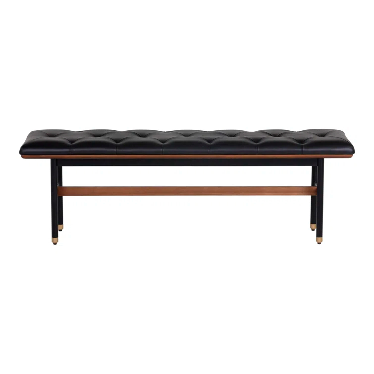 Mid-Century Modern Black Faux Leather Upholstered Bench with Brass Accents