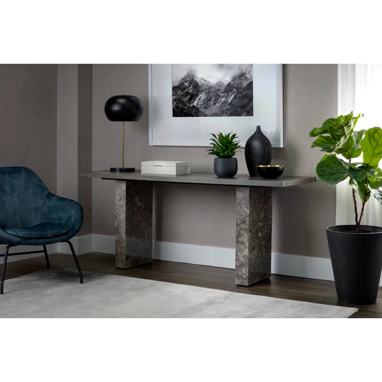 Gray Marble and Charcoal Oak Rectangular Console Table