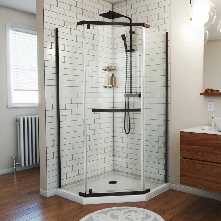 Prism 42" W x 42" D x 74.75" H Frameless Neo-Angle Reversible Shower Kit with Towel Bar and Base Included