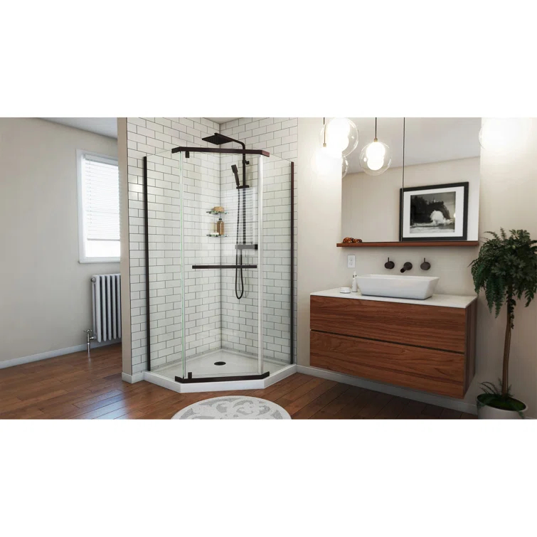 Prism 42" W x 42" D x 74.75" H Frameless Neo-Angle Reversible Shower Kit with Towel Bar and Base Included