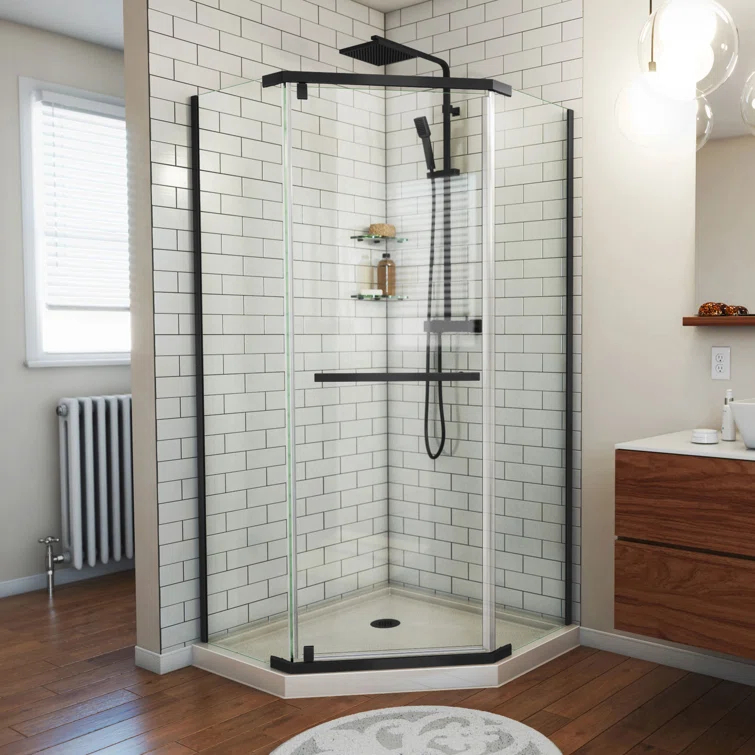 Prism 42" W x 42" D x 74.75" H Frameless Neo-Angle Reversible Shower Kit with Towel Bar and Base Included