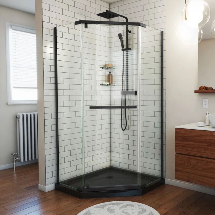 Prism 42" W x 42" D x 74.75" H Frameless Neo-Angle Reversible Shower Kit with Towel Bar and Base Included