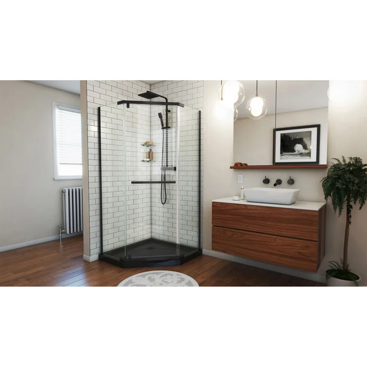 Prism 42" W x 42" D x 74.75" H Frameless Neo-Angle Reversible Shower Kit with Towel Bar and Base Included