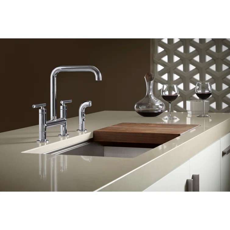Kohler Purist® Two Handle Deck-Mounted Bridge Kitchen Sink Faucet with Pull Out Side Sprayer