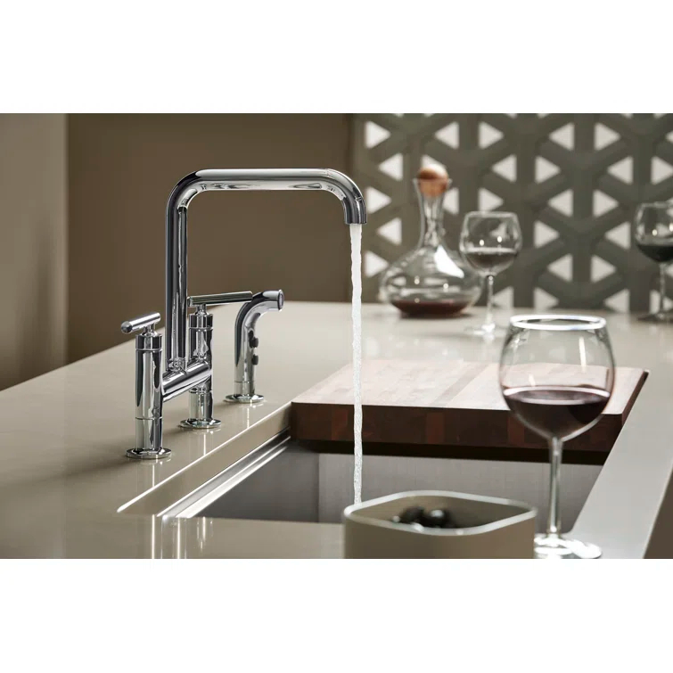 Kohler Purist® Two Handle Deck-Mounted Bridge Kitchen Sink Faucet with Pull Out Side Sprayer