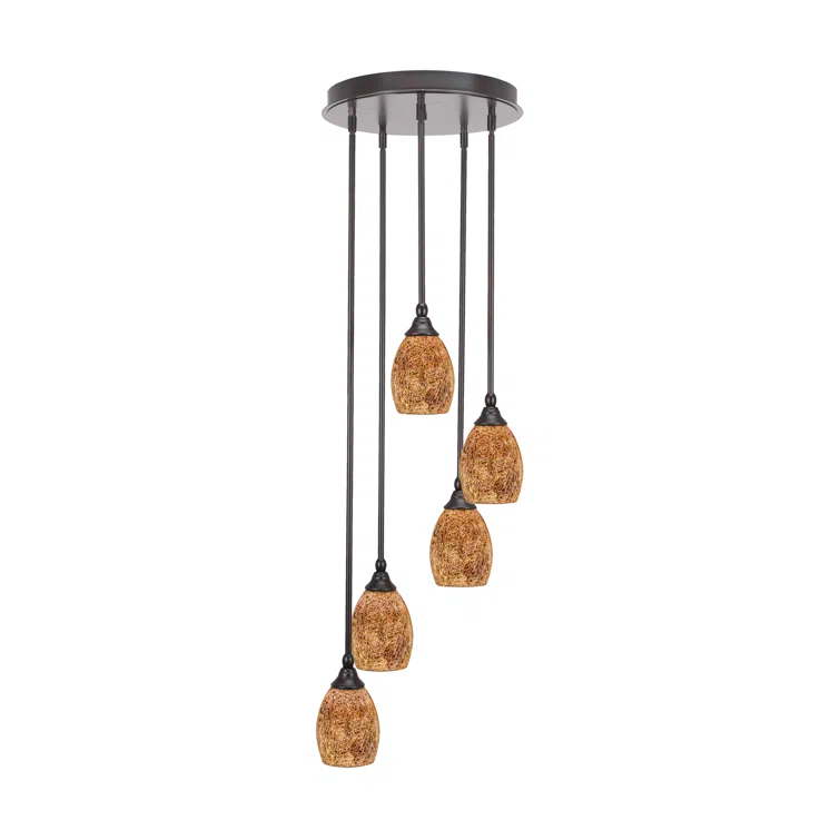 Empire 5 Light Stem Hung Cluster Pendalier With 5" Ivory Glaze Seashell Glass
