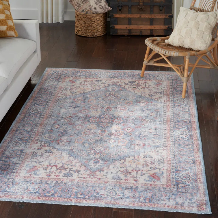 Machine Washable Oriental Blue/Red Area Rug