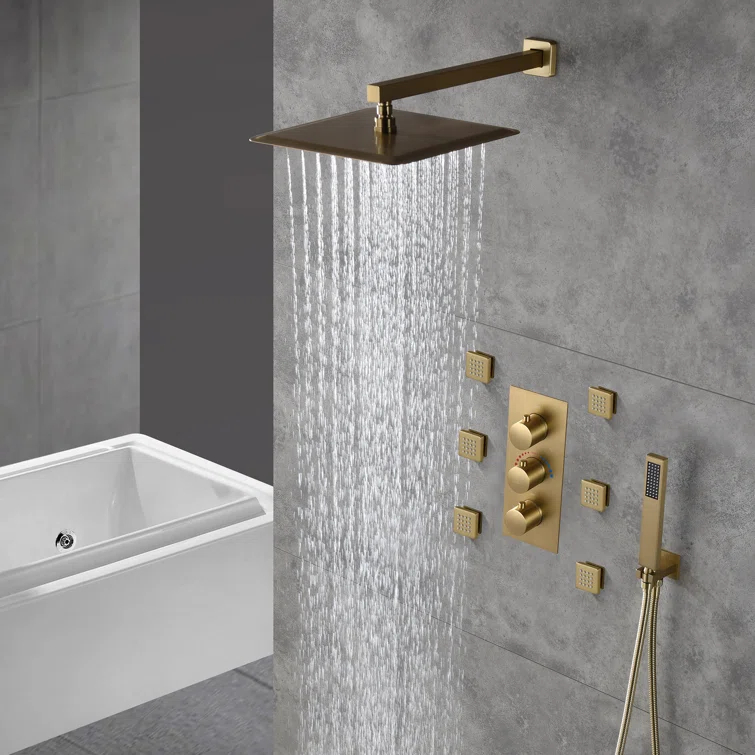 CASAINC M6001-A-12-BG Revitalize 12 Inch Luxury Thermostatic Complete Shower System with Rough-in Valve