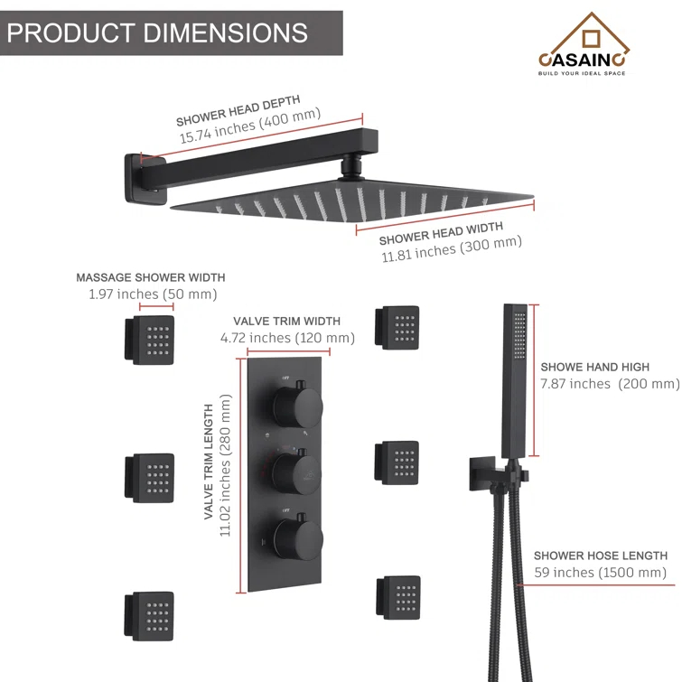 Revitalize 12 Inch Luxury Thermostatic Complete Shower System with Rough-in Valve