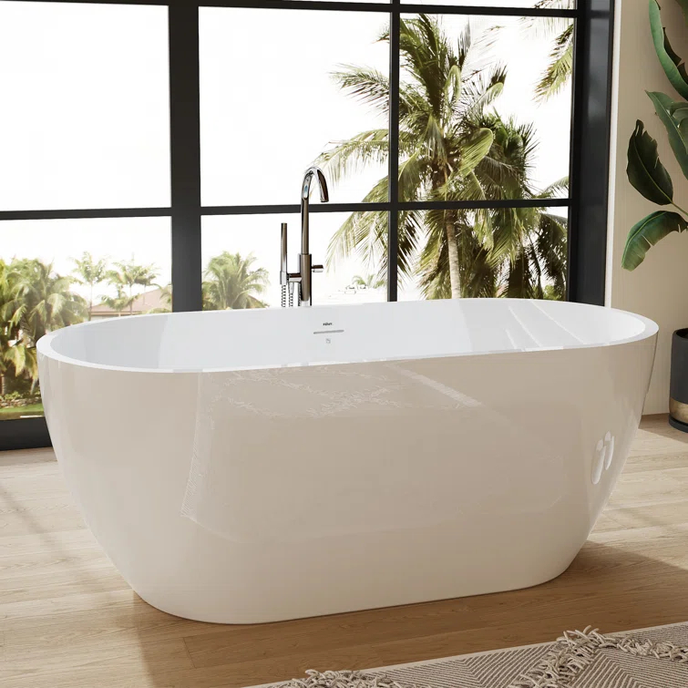 FerdY FerdY-02538-1500-BN Bali Freestanding Soaking Acrylic Bathtub with Brushed Nickel Drain