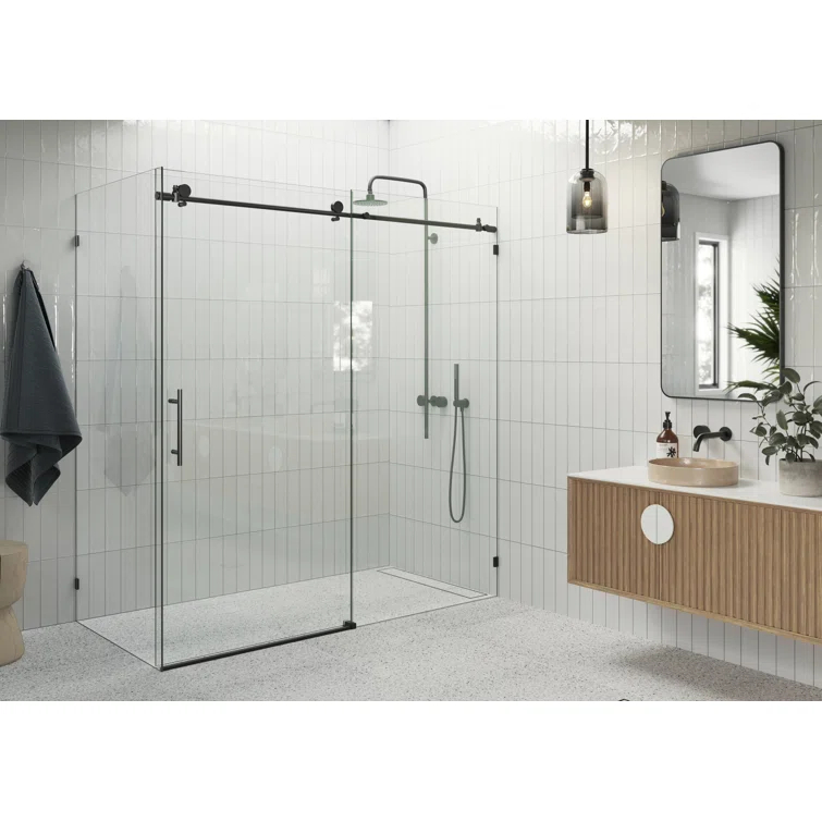 Glass Warehouse Nova 72 in. x 30 in. x 78 in. 90-degree Fully Frameless Sliding Glass Shower Enclosure 90SL-72-30-MB