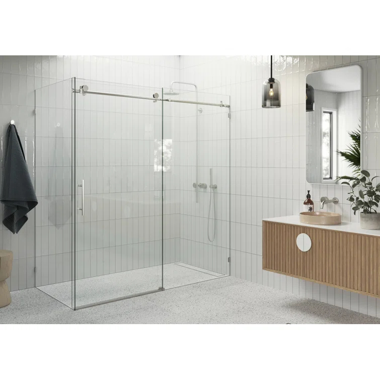 Glass Warehouse Nova 72 in. x 30 in. x 78 in. 90-degree Fully Frameless Sliding Glass Shower Enclosure 90SL-72-30-BN