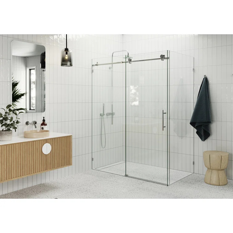 Nova 56 in. x 34 in. x 78 in. 90-degree Fully Frameless Sliding Glass Shower Enclosure