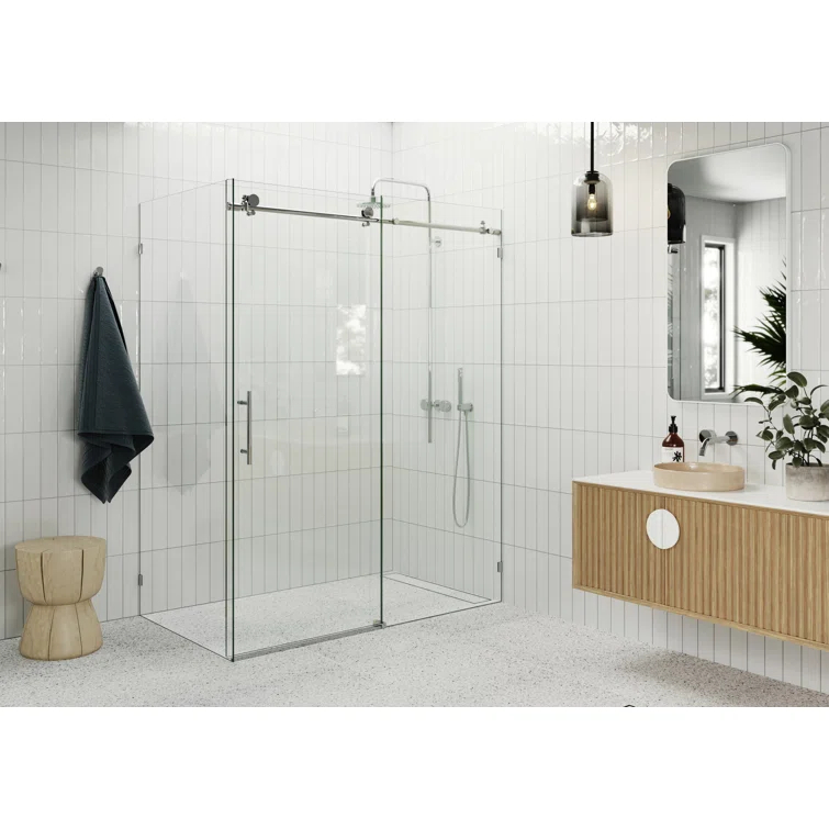Nova 56 in. x 34 in. x 78 in. 90-degree Fully Frameless Sliding Glass Shower Enclosure