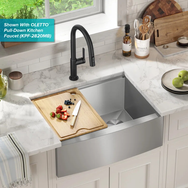 KRAUS Kore™ 27" L Farmhouse Apron Front Workstation 16 Gauge Stainless Steel Single Bowl Kitchen Sink with Accessories