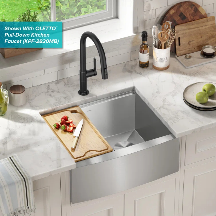 KRAUS Kore™ 24" L Farmhouse Apron Front Workstation 16 Gauge Stainless Steel Single Bowl Kitchen Sink with Accessories