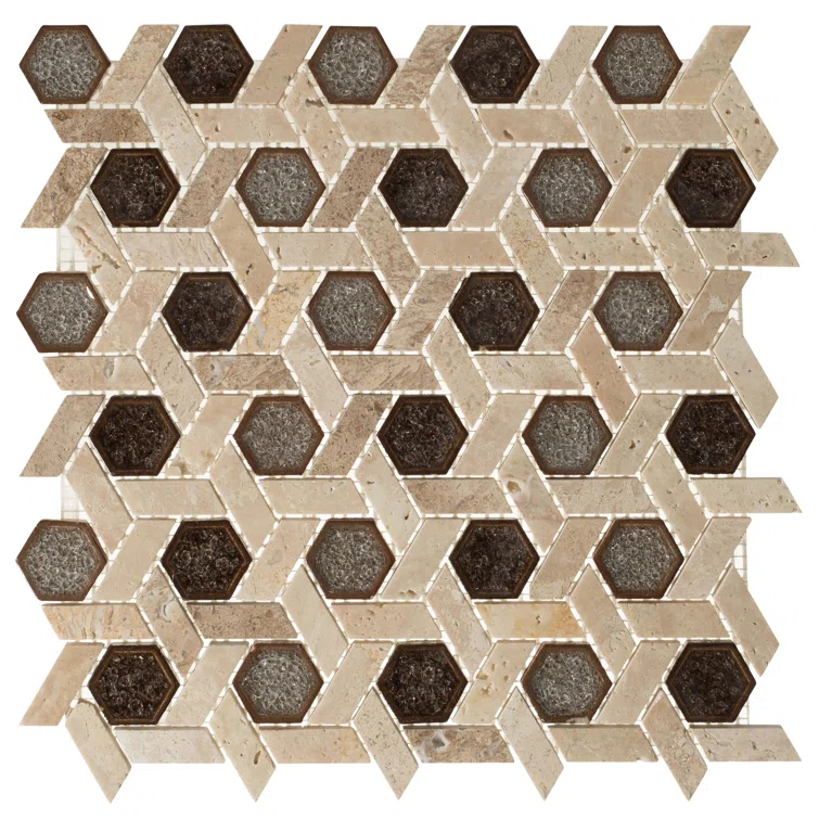Exploration Israel Hexagon Natural Stone and Crackled Glass Mosaic Kitchen Backsplash, Bathroom, Shower, Wall and Floor Tile