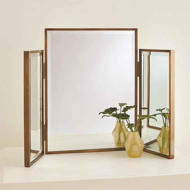Global Views Tri-Fold Vanity Mirror-Antique Brass
