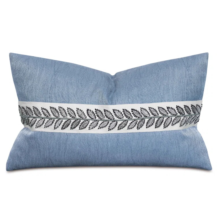 Indigo Embroidered Cashmere Lumbar Pillow with Leaf Border